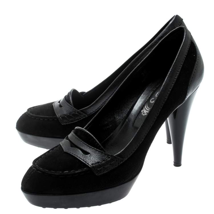Pre Owned Tod's Black Suede And Leather Penny Platform Loafers Pumps Size 38