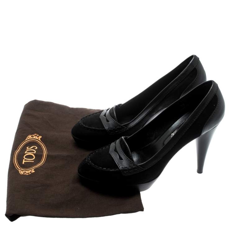 Pre Owned Tod's Black Suede And Leather Penny Platform Loafers Pumps Size 38