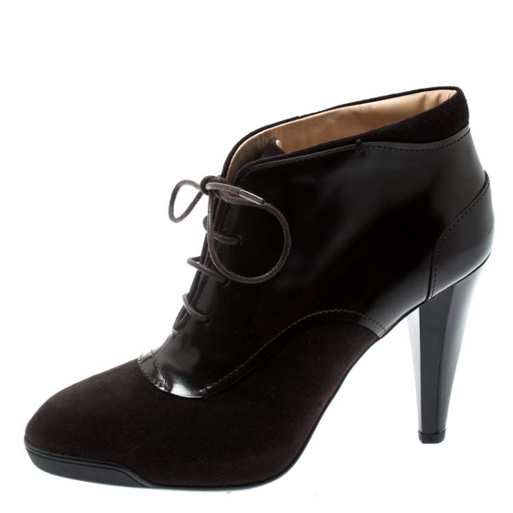 Pre Owned Tod's Brown Suede And Leather Lace Up Platform Booties Size 37.5