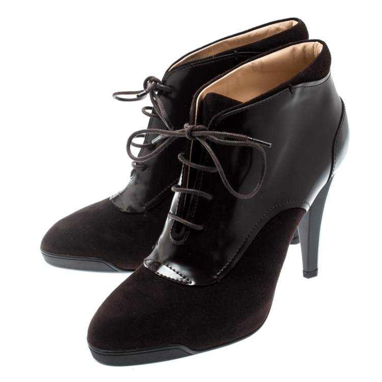 Pre Owned Tod's Brown Suede And Leather Lace Up Platform Booties Size 37.5