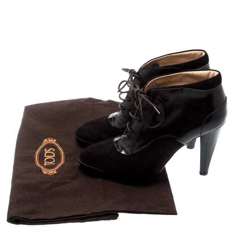 Pre Owned Tod's Brown Suede And Leather Lace Up Platform Booties Size 37.5