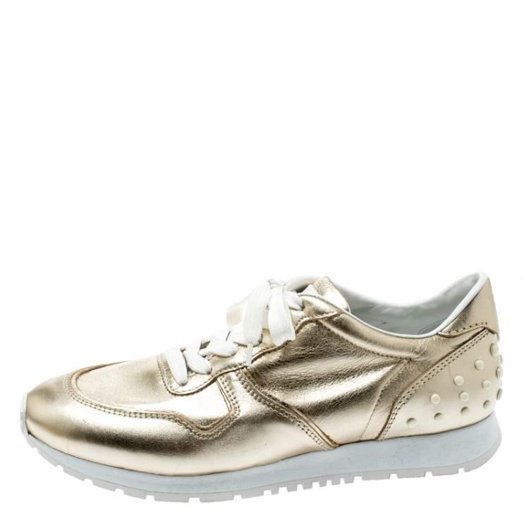 Pre Owned Tod's Metallic Gold Leather Allaciata Studded Lace Up Sneakers Size 39