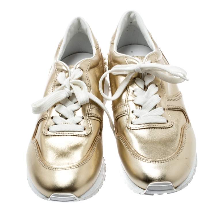 Pre Owned Tod's Metallic Gold Leather Allaciata Studded Lace Up Sneakers Size 39