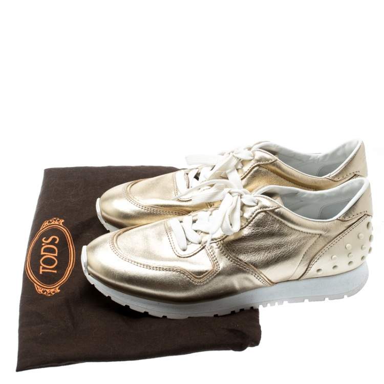 Pre Owned Tod's Metallic Gold Leather Allaciata Studded Lace Up Sneakers Size 39