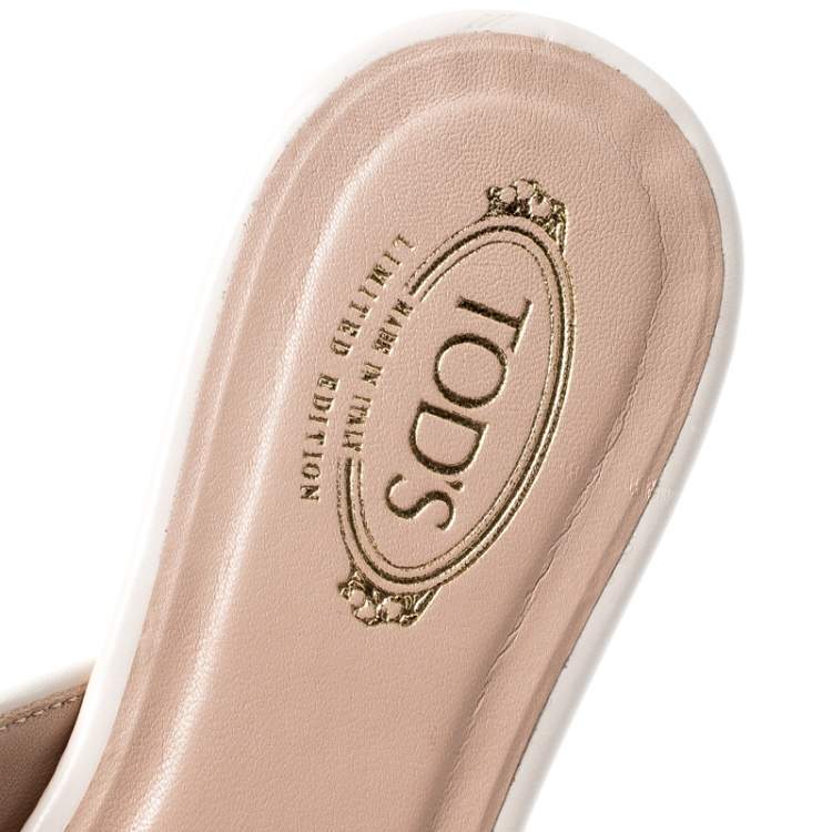 Pre Owned Tod's Limited Edition Light Pink Leather Crystal Embellished Bow Peep Toe Flat Slides Size 37