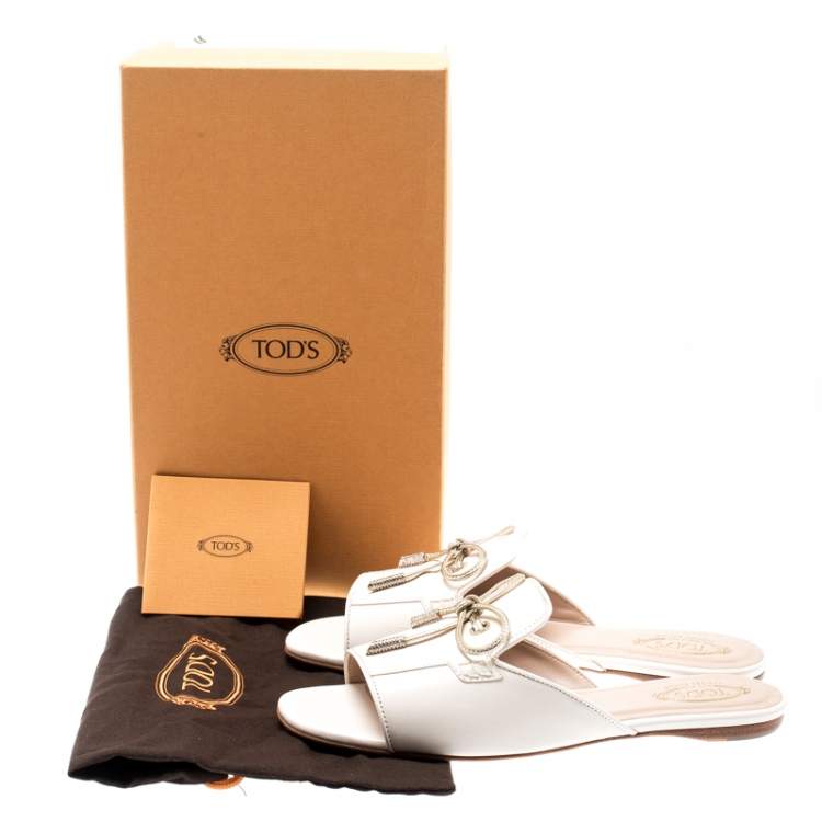 Pre Owned Tod's Limited Edition Light Pink Leather Crystal Embellished Bow Peep Toe Flat Slides Size 37