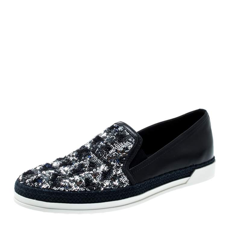 Pre Owned Tod's Blue Leather Sequin Embellished Espadrille Slip On Sneakers Size 37