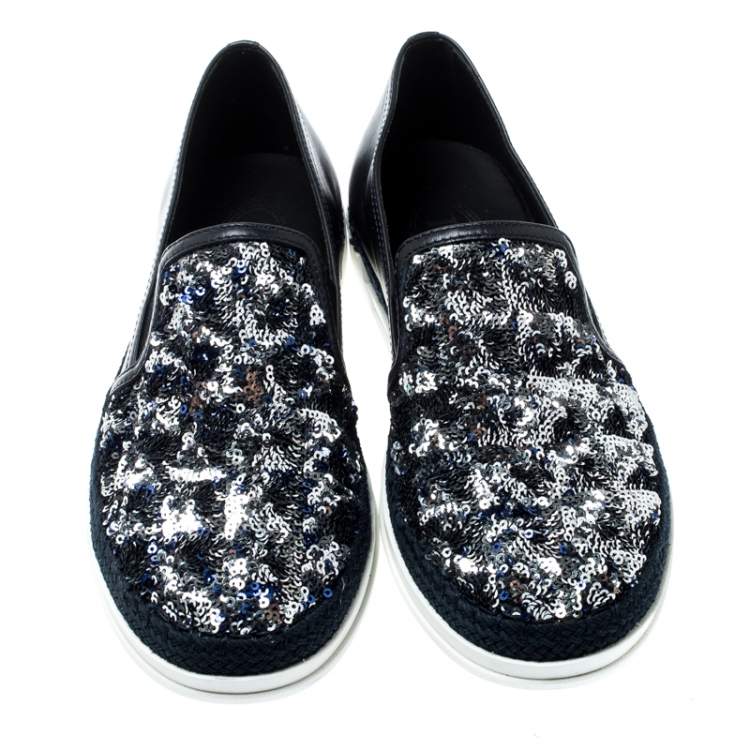 Pre Owned Tod's Blue Leather Sequin Embellished Espadrille Slip On Sneakers Size 37