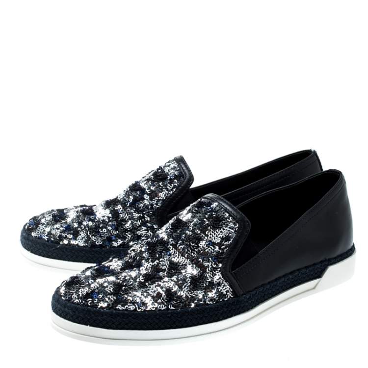 Pre Owned Tod's Blue Leather Sequin Embellished Espadrille Slip On Sneakers Size 37