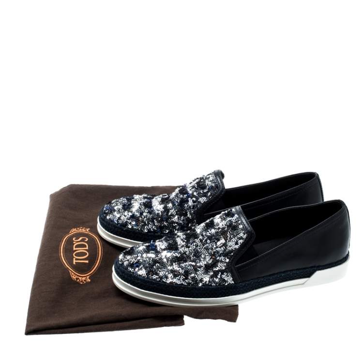 Pre Owned Tod's Blue Leather Sequin Embellished Espadrille Slip On Sneakers Size 37