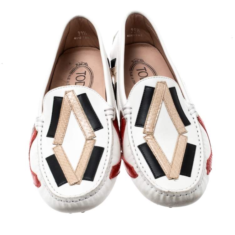 Pre Owned Tod's Multicolor Leather And Python Leather Trim Slip On Loafers Size 39.5