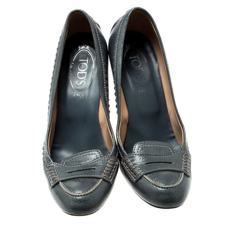 Pre Owned Tod's Blue Textured Leather Wedge Heel Penny Loafer Pumps Size 38.5