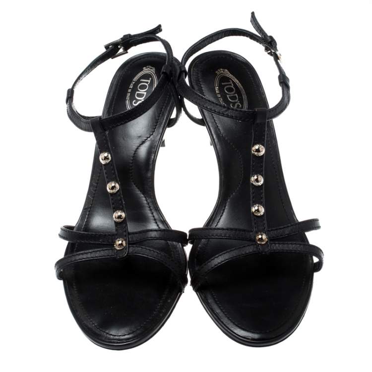 Pre Owned Tod's Black Leather T-Strap Sandals Size 38