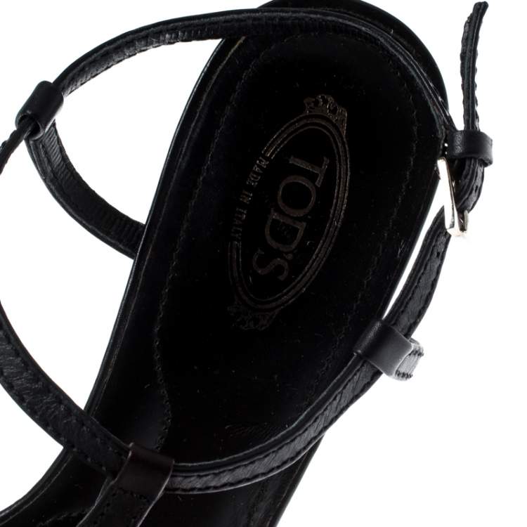 Pre Owned Tod's Black Leather T-Strap Sandals Size 38