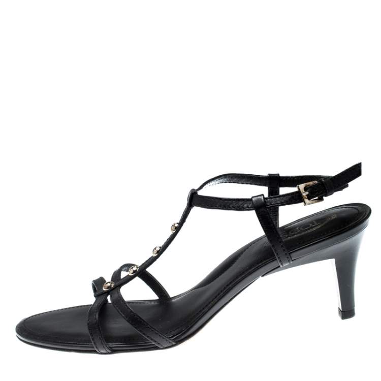 Pre Owned Tod's Black Leather T-Strap Sandals Size 38