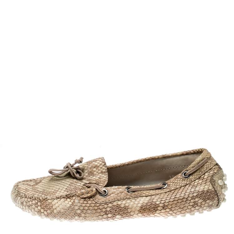 Pre Owned Tod's Beige Python Leather Bow Loafers Size 35.5