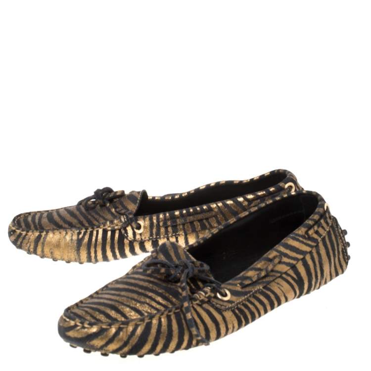 Pre Owned Tod's Black And Metallic Gold Leather Bow Loafers Size 38.5