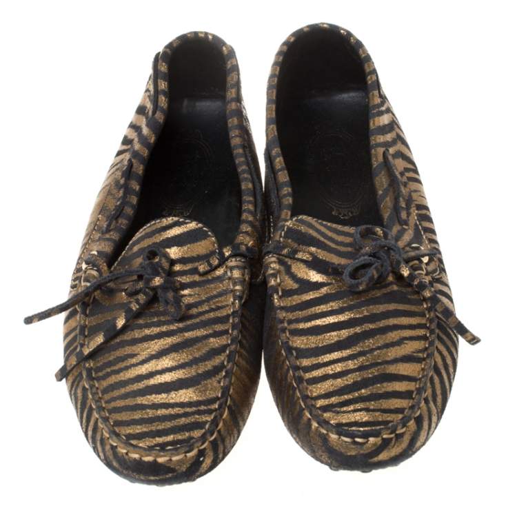 Pre Owned Tod's Black And Metallic Gold Leather Bow Loafers Size 38.5