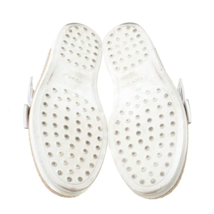 Pre Owned Tod's Light Grey Leather Bow Detail Espadrille Trim Loafers Size 40