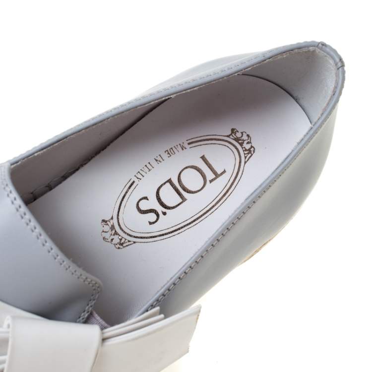 Pre Owned Tod's Light Grey Leather Bow Detail Espadrille Trim Loafers Size 40
