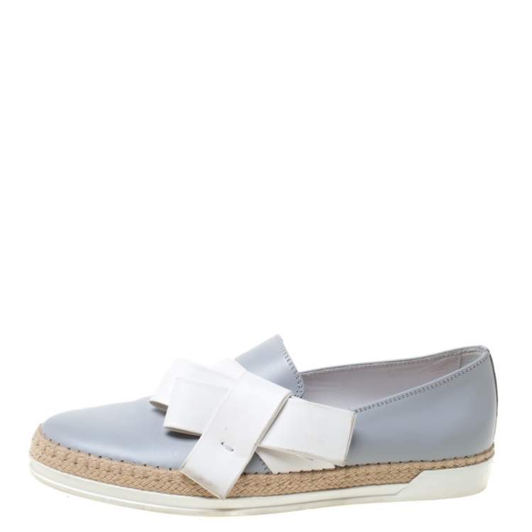 Pre Owned Tod's Light Grey Leather Bow Detail Espadrille Trim Loafers Size 40