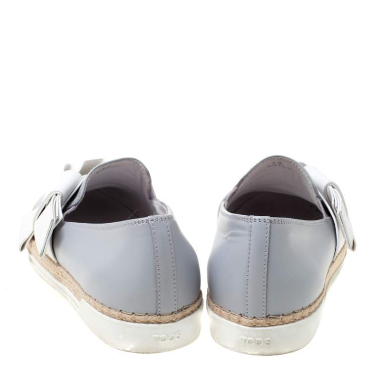 Pre Owned Tod's Light Grey Leather Bow Detail Espadrille Trim Loafers Size 40