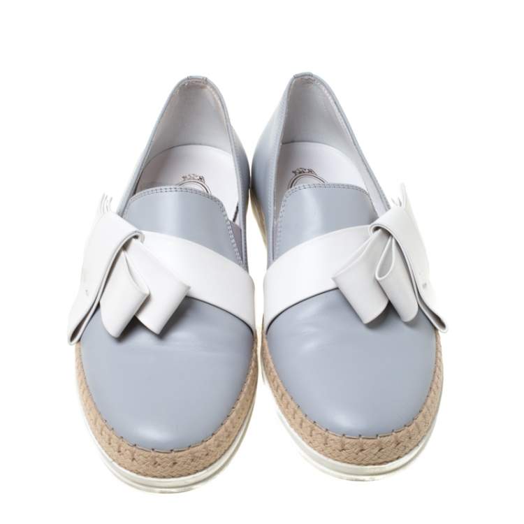 Pre Owned Tod's Light Grey Leather Bow Detail Espadrille Trim Loafers Size 40