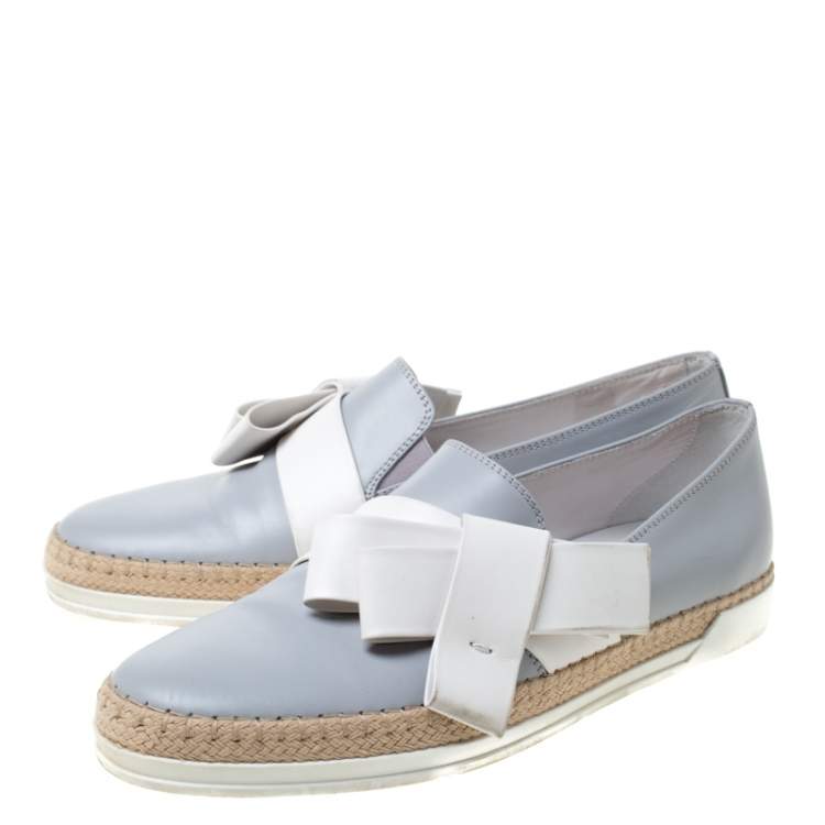 Pre Owned Tod's Light Grey Leather Bow Detail Espadrille Trim Loafers Size 40