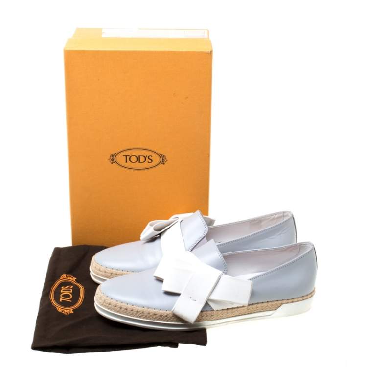 Pre Owned Tod's Light Grey Leather Bow Detail Espadrille Trim Loafers Size 40