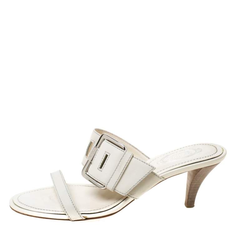 Pre Owned Tod's White Leather Buckle Accented Sandals Size 36