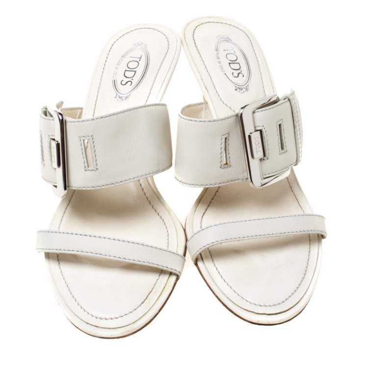 Pre Owned Tod's White Leather Buckle Accented Sandals Size 36