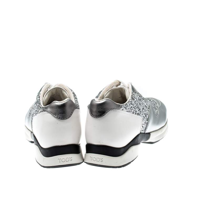Pre Owned Tod's Metallic Silver Glitter And Leather Sportivo Lace Up Sneakers Size 36