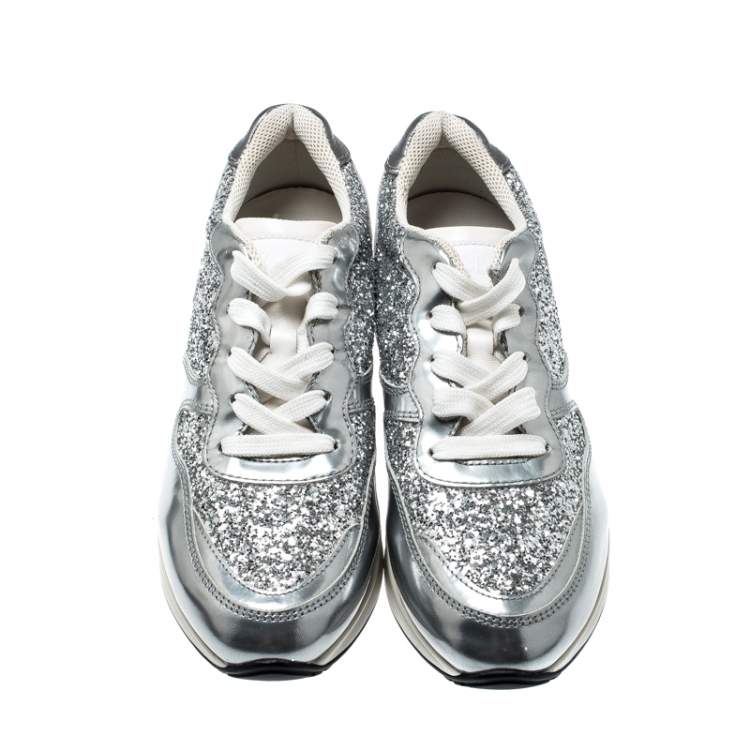 Pre Owned Tod's Metallic Silver Glitter And Leather Sportivo Lace Up Sneakers Size 36