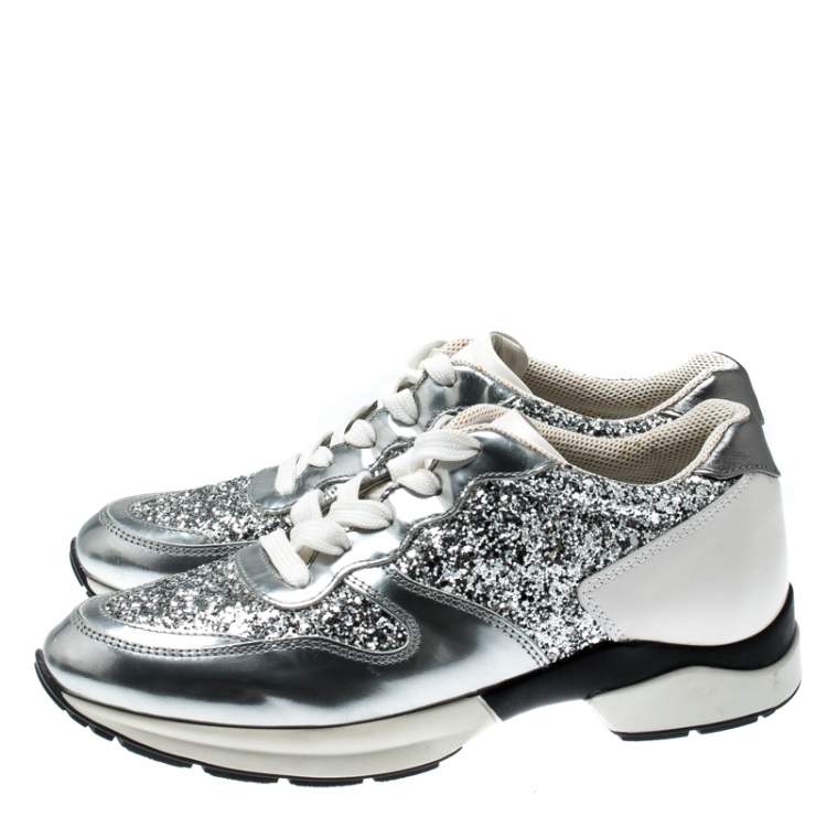 Pre Owned Tod's Metallic Silver Glitter And Leather Sportivo Lace Up Sneakers Size 36