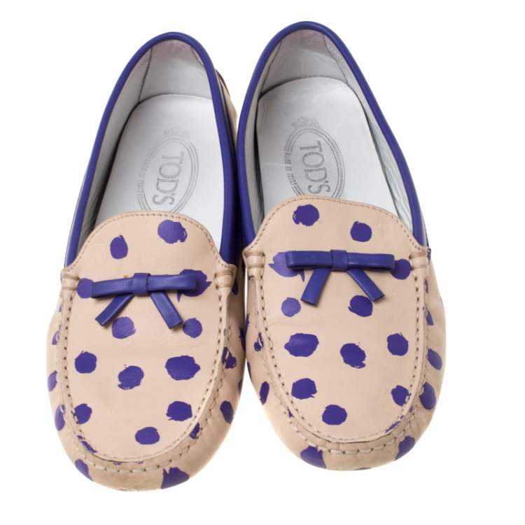 Pre Owned Tod's Purple/Beige Polka Dot Leather Bow Loafers Size 39