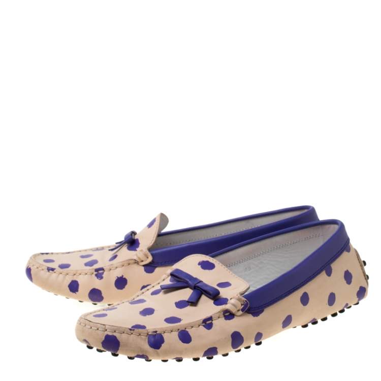 Pre Owned Tod's Purple/Beige Polka Dot Leather Bow Loafers Size 39