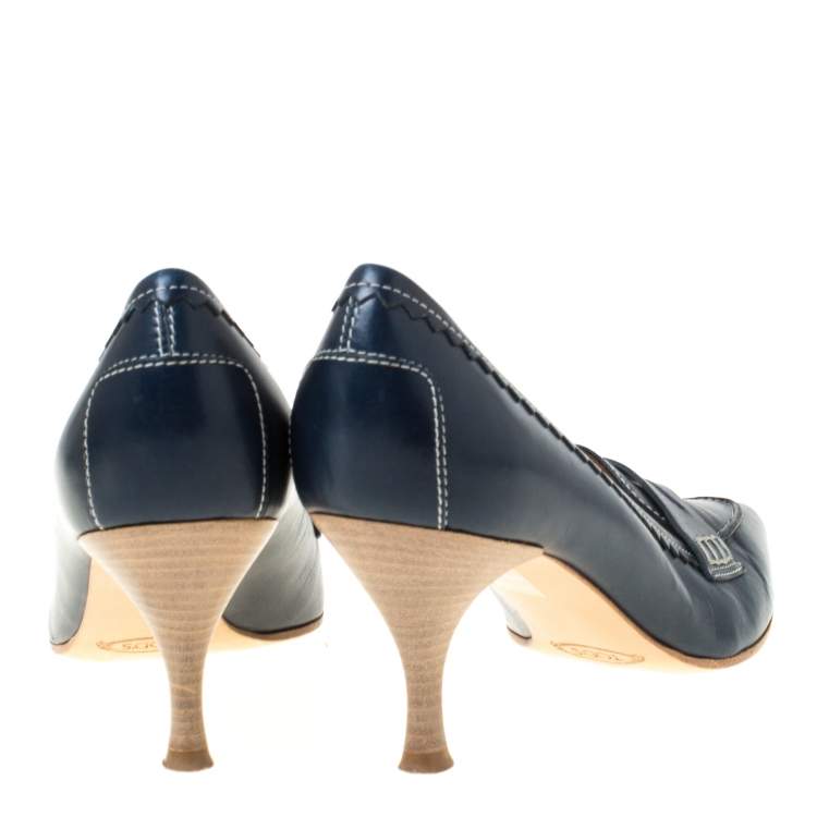 Pre Owned Tod's Navy Blue Leather Penny Loafer Pointed Toe Pumps Size 39