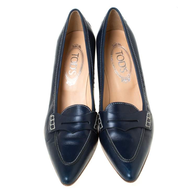 Pre Owned Tod's Navy Blue Leather Penny Loafer Pointed Toe Pumps Size 39