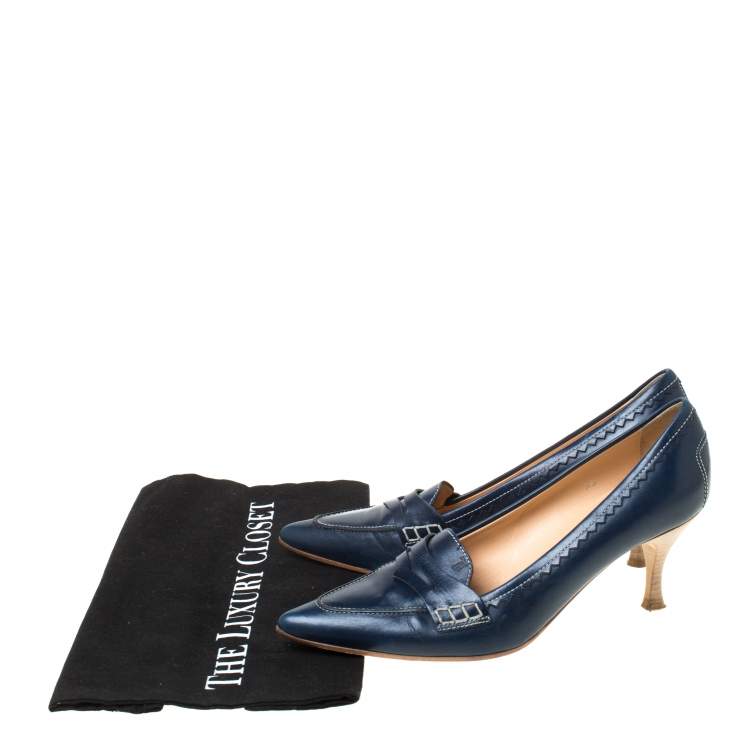 Pre Owned Tod's Navy Blue Leather Penny Loafer Pointed Toe Pumps Size 39