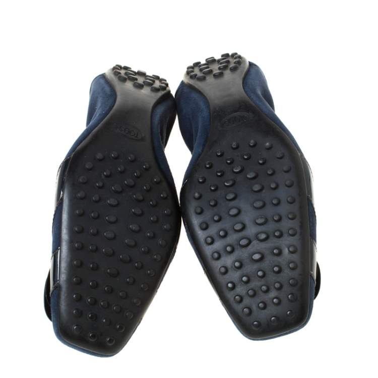 Pre Owned Tod's Navy Blue Embellished Suede Scrunch Ballet Flats Size 38.5