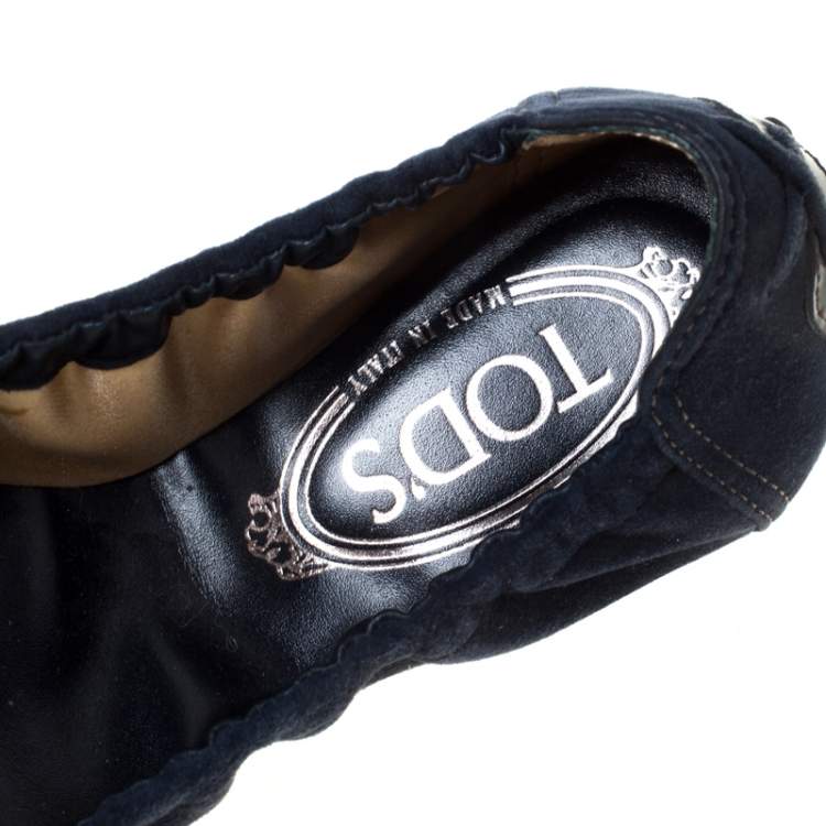 Pre Owned Tod's Navy Blue Embellished Suede Scrunch Ballet Flats Size 38.5