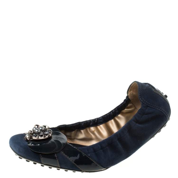Pre Owned Tod's Navy Blue Embellished Suede Scrunch Ballet Flats Size 38.5