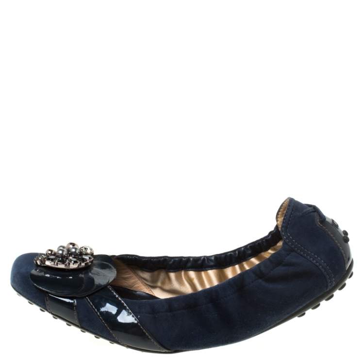 Pre Owned Tod's Navy Blue Embellished Suede Scrunch Ballet Flats Size 38.5