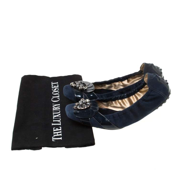 Pre Owned Tod's Navy Blue Embellished Suede Scrunch Ballet Flats Size 38.5