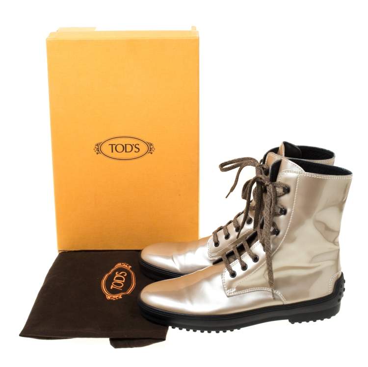 Pre Owned Tod's Metallic Beige Patent Leather Lace Up Boots Size 39.5