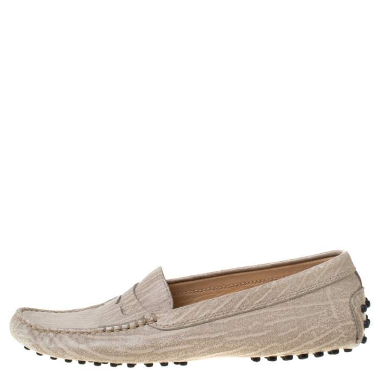 Pre Owned Tod's Beige Textured Leather Penny Loafers Size 37.5