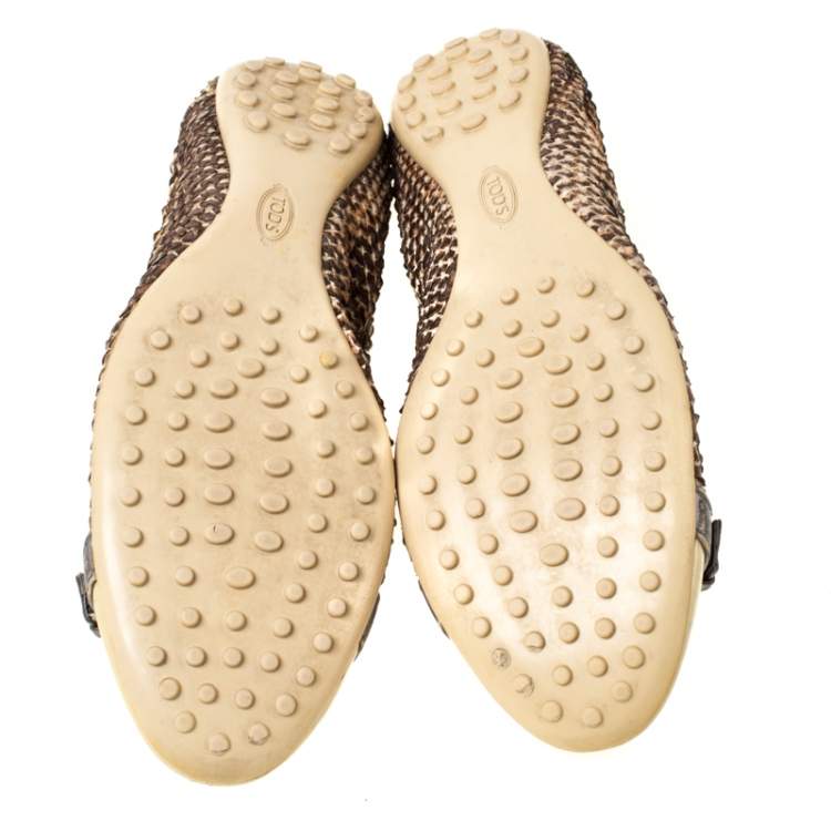 Pre Owned Tod's Brown/Cream Python and Patent Leather Cap Toe Buckle Scrunch Ballet Flats Size 38