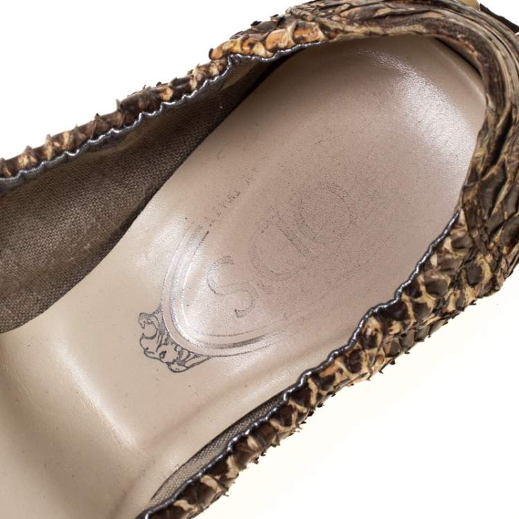 Pre Owned Tod's Brown/Cream Python and Patent Leather Cap Toe Buckle Scrunch Ballet Flats Size 38