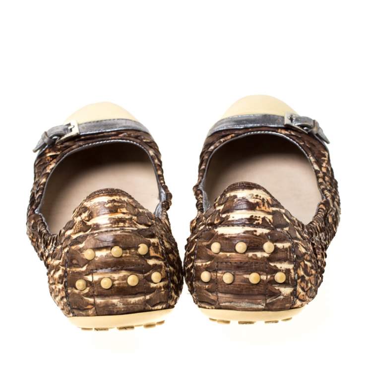 Pre Owned Tod's Brown/Cream Python and Patent Leather Cap Toe Buckle Scrunch Ballet Flats Size 38