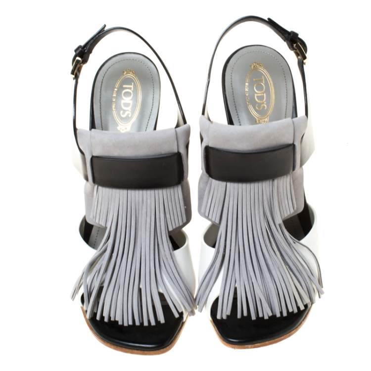 Pre Owned Tod's Tricolor Leather Fringe Detail Slingback Sandals Size 38.5